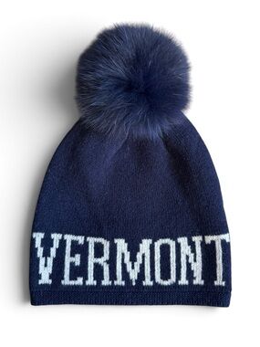 Alashan Cashmere Vermont Merino Wool Fur Pom Beanie Navy White O/S